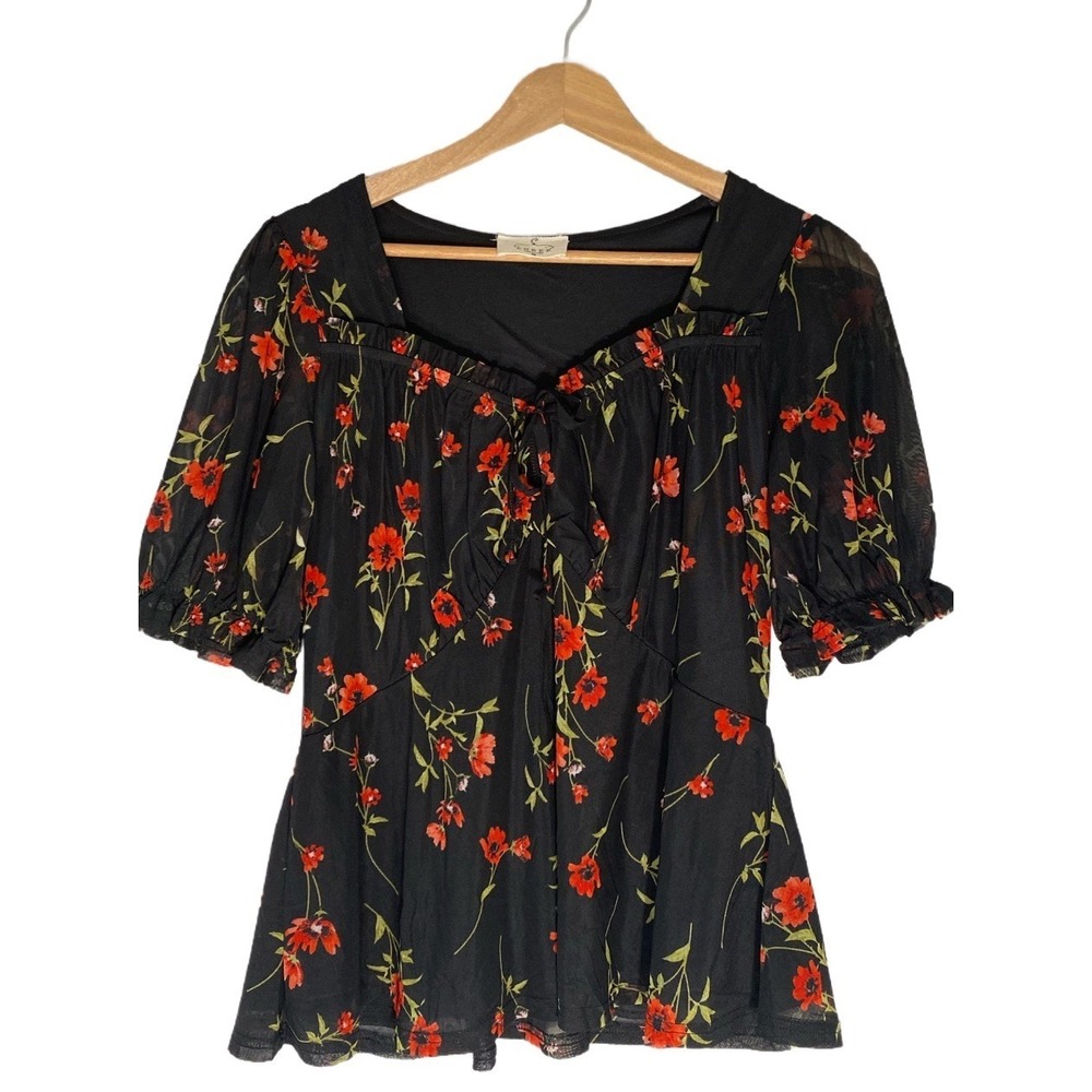Ember Black Red Floral Blouse Lined Sweetheart Coquette Y2K Romantic‎ Milkmaid
